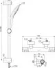 Brausearmatur von Ideal Standard mit Handbrause und montierten Komponenten, dargestellt in technischen Zeichnungen mit Maßen und Anschlussdetails.